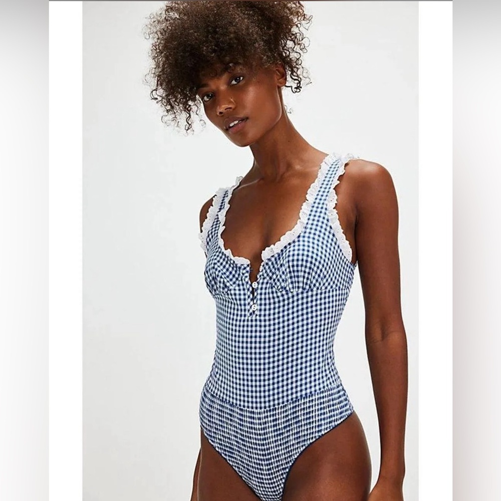 NWT Free People Cassie Bodysuit Gingham U-Neck Ruffle Trim Top